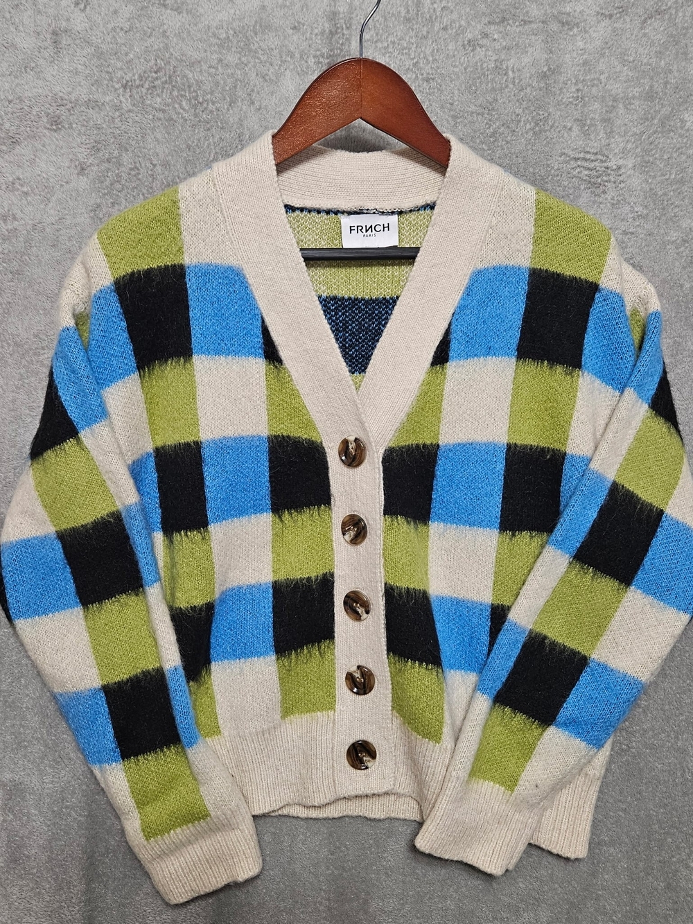 FRICH Blue & Green Check V-Neck Cardigan Sweater